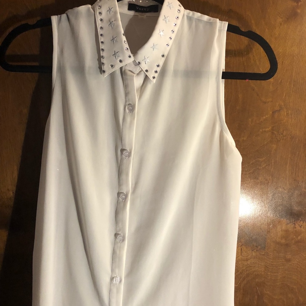 Chiffon white button down with studded collar